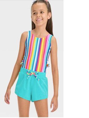 Cat & Jack Girls One Piece Playa Striped Swimsuit Set Beach Pool Size 6/7 NWT